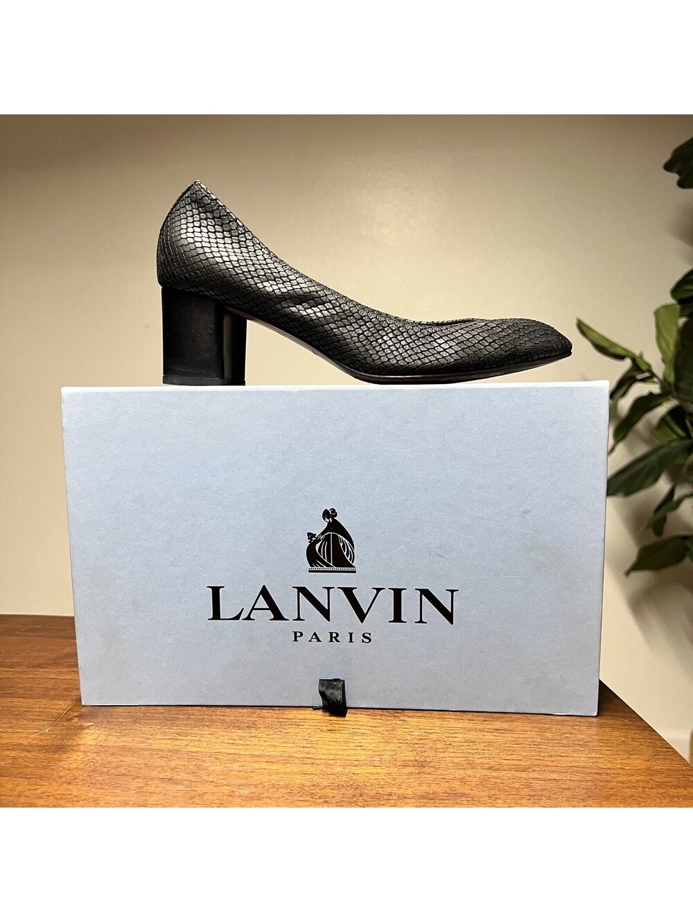 $645 Lanvin Black Snake Block Heel Ballerina Embossed Nubuck Leather 7.5 in Box